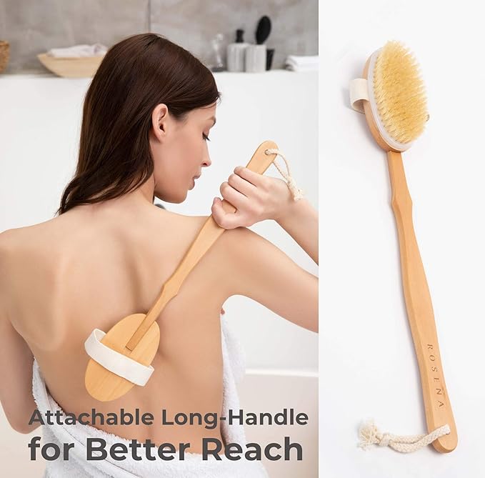 Dry Brushing Body Brush Set – Natural Bristle Spa Exfoliator Kit with Face Cleansing Brush, Long Dry Brushing Body Brush for Lymphatic Drainage & Massaging Cellulite Brush for Smooth, Radiant Skin