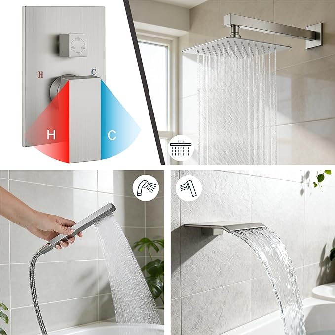 Midanya Shower System with Tub Spout,Bathtub Shower Faucet Set with Square Rainfall Head and Handheld Sprayer Wall Mount Tub Faucet Set with Valve and Trim Kit,12 Inch Brushed Nickel