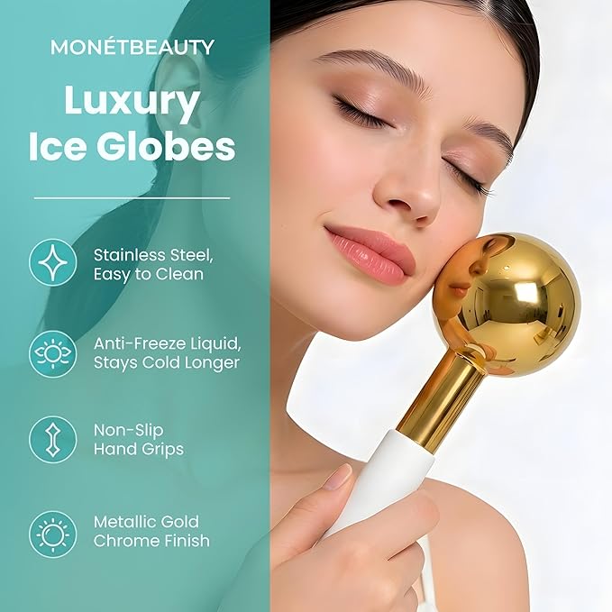 MonétBeauty Stainless Steel Ice Globes for Facials (Gold), Durable Cryo Globes Instantly Reduce Puffiness, Tighten Pores and Sinus Relief, Facial Massages and Daily Beauty Routines