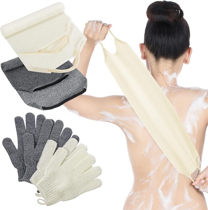 4 Pack Exfoliating Washcloth Back Scrubber Set, 2 Exfoliating Body Scrubber Nylon Back Body Scrub Towel, 2 Pairs Shower Gloves for Women Men Bath Shower Exfoliation(Gray, Beige, White)
