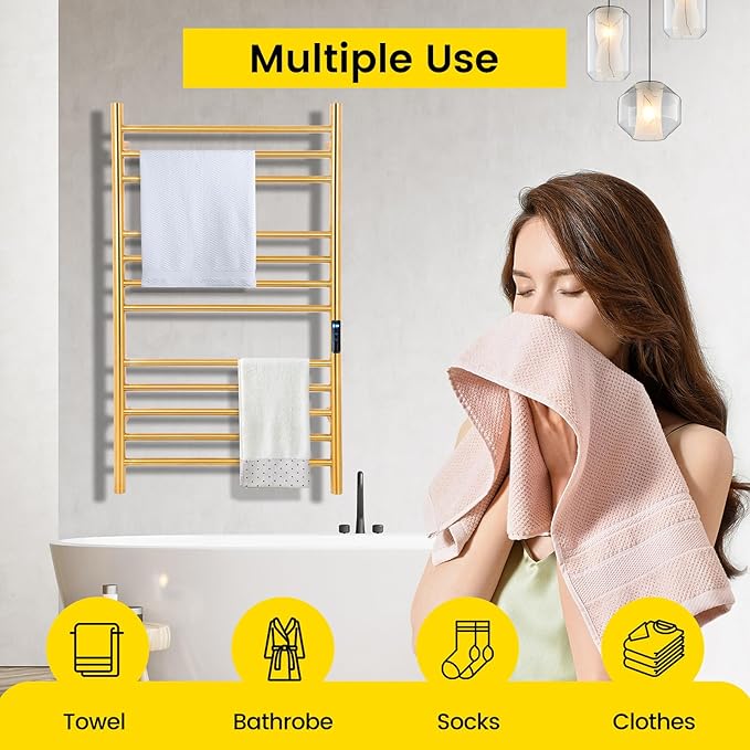 12-Bars Gold Heated Towel Rack–23" Wall Mounted Towel Warmer with Timer & Temperature Control, Stainless Steel