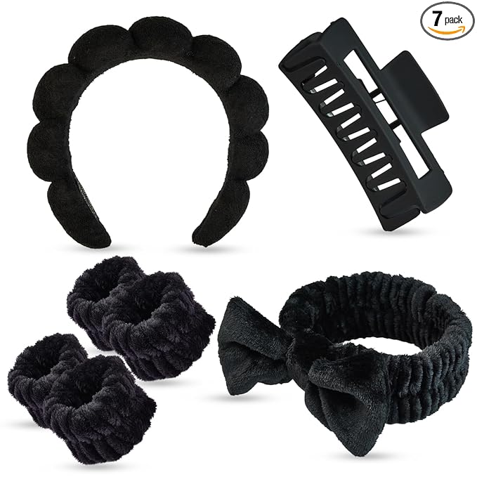7 Pcs Spa Set, Facial Headband and Wristband Set, Skincare Accessories, College Style Girl Idea Gifts, Hair Accessories for Women and Girls (Black)