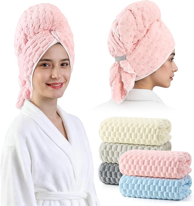 REDKISS 5 Pack Extra Large Hair Towels - Microfiber Oversized Hair Towel Wrap for Women, 23 x 47 inches Hair Towels with Elastic Strap, Super Soft Hair Drying Towels for Long, Thick, Curly Turbans