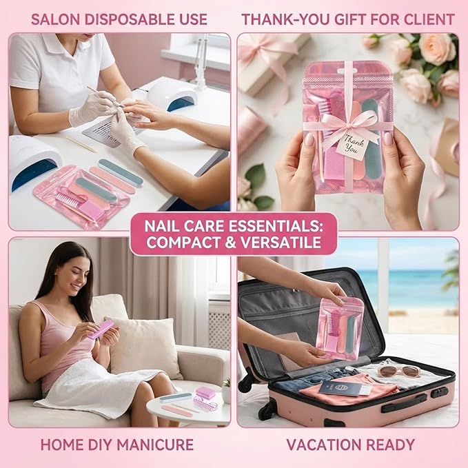 6 Set Disposable Manicure Kit Salon Supplies Press On Nail Tool Kit with Mini Nail Files Buffers Bulk Handle Grip Brush Wood Stick for Salon Home Fingernails Toenails