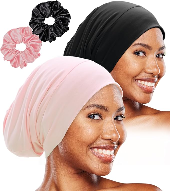 Sleep Cap Bonnet for Sleeping Black Women, Adjustable Cooling Ice Silk Lined Bonnet for Curly Braids Hair Cover Beanie Hat