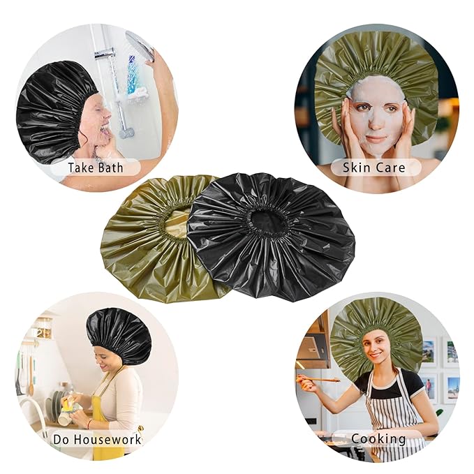 Jumbo Size Shower Cap 2 PCS Waterproof Shower Caps for Women, Extra Large Shower Cap, Reusable Super Large Bath Caps Hair Cap for Long Thick Curly Hair, Locs, Twist Braids - Black+Green