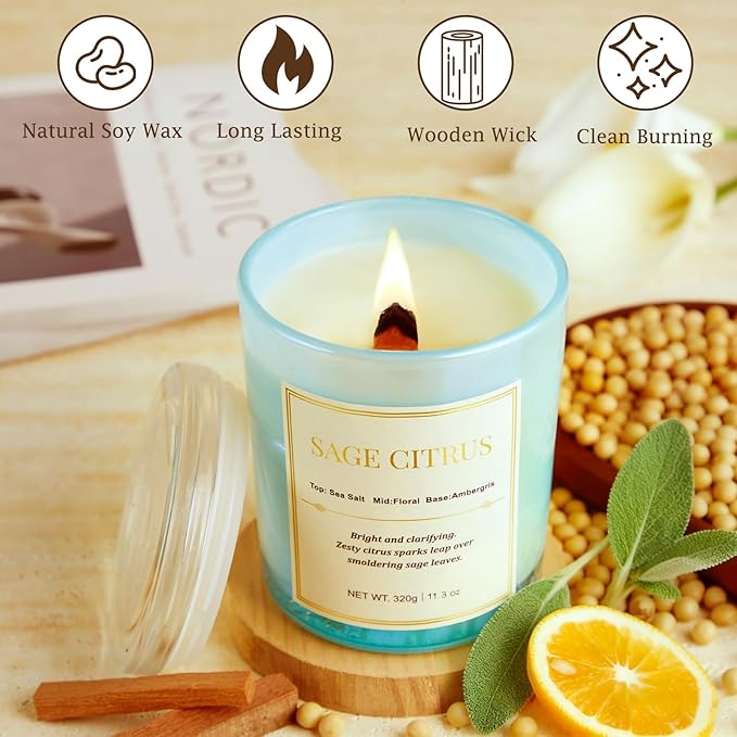 Scented Candles for Home,Wood Wick Sage Citrus Scented Candle,22.6 oz 150 Hour Long Burning Lasting, Natural Soy Wax Candles Gifts Set,for Holiday Day