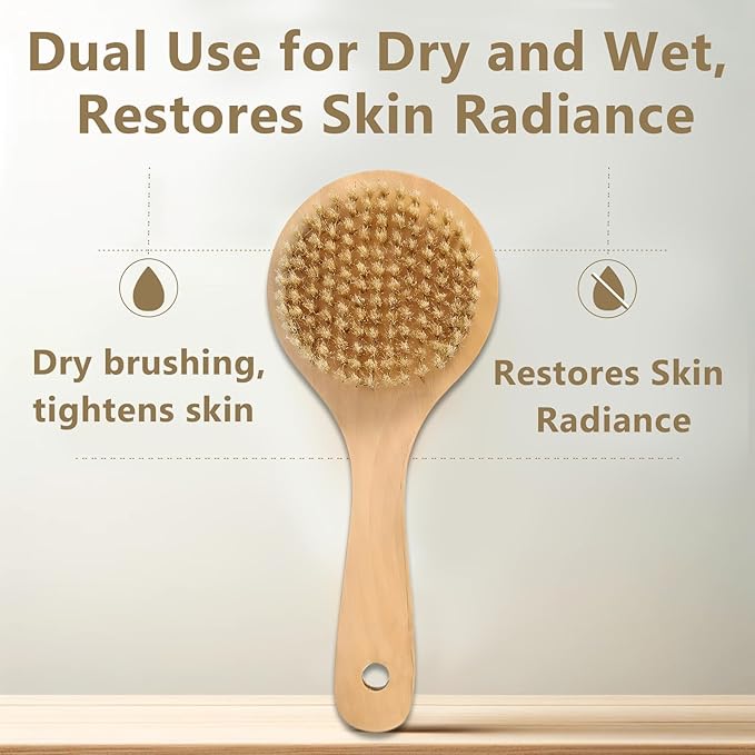 Dry Bath Body Brush with Short Handle, Natural Bristles Back Scrubber, Anti-Slip Wooden Handle for Exfoliation, Blood Circulation, and Cellulite Reduction, Brown