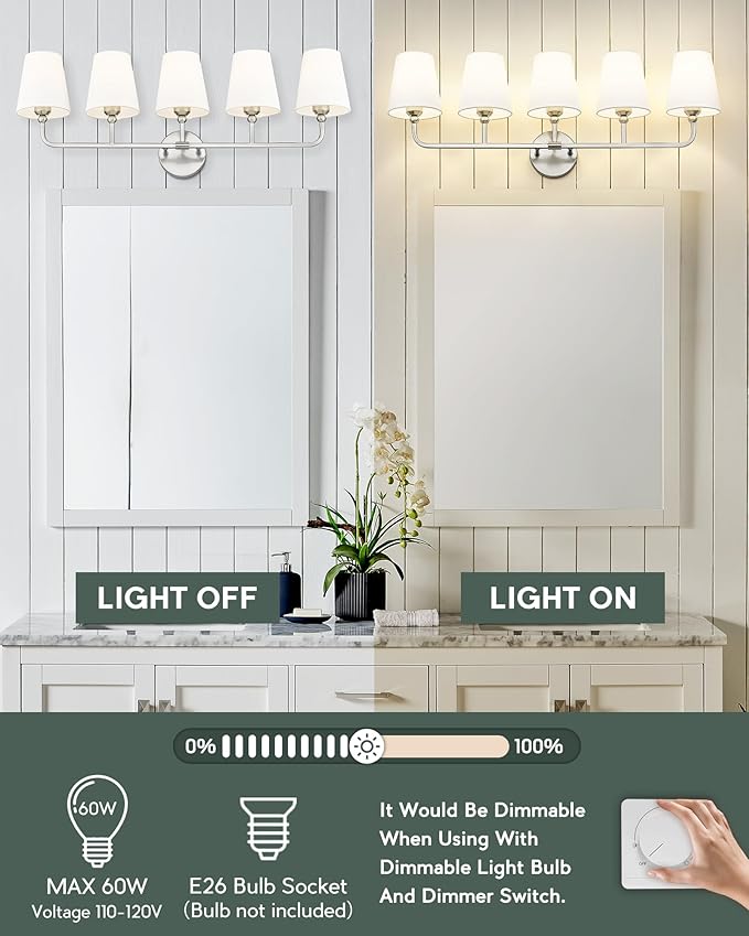Bathroom Light Fixtures, 5 Light Brushed Nickel Vanity Lights with Flared White Fabric Shade, 35 Inch Wall Sconce, Modern Sconces Wall Lighting for Hallway Bedroom, VL837-BN-5