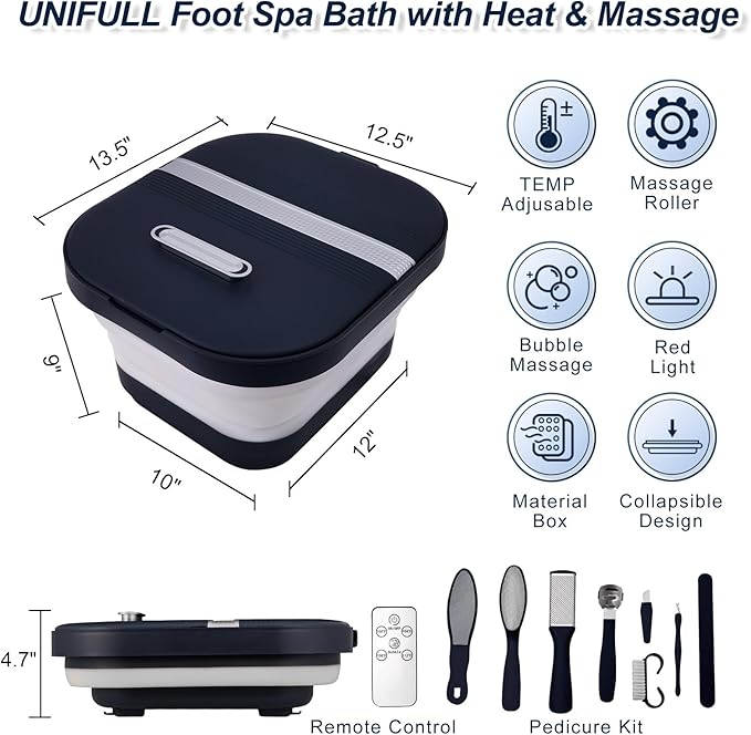 UNIFULL Collapsible Foot Bath Spa with Heat, Remote Control, Massage Rollers, Bubble, Foot Pedicure Kit, Red Light, Pedicure Foot Spa, Foot Bath for Gifts