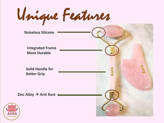 Premium Certified Luxury 100% Authentic Rose Quartz Pink Roller & Gua Sha Set for Anti-Aging Skin Care, Muscle Relaxation, Fine Line Reduction, and Eye Puffiness Relief