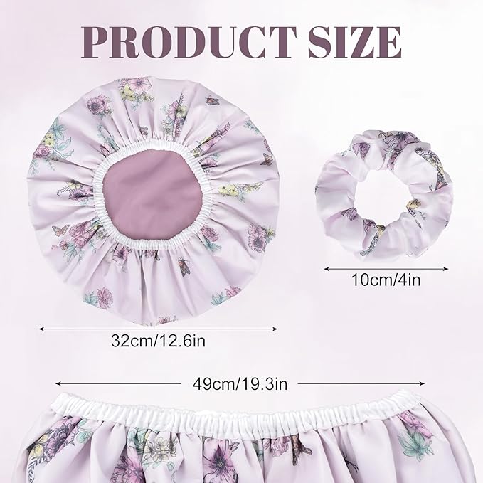 Pengxiaomei Double-Sided Shower Cap for Women, 2 in 1 Reusable Waterproof Bath Cap for Women Girls Long Thick Hair (Flowers)