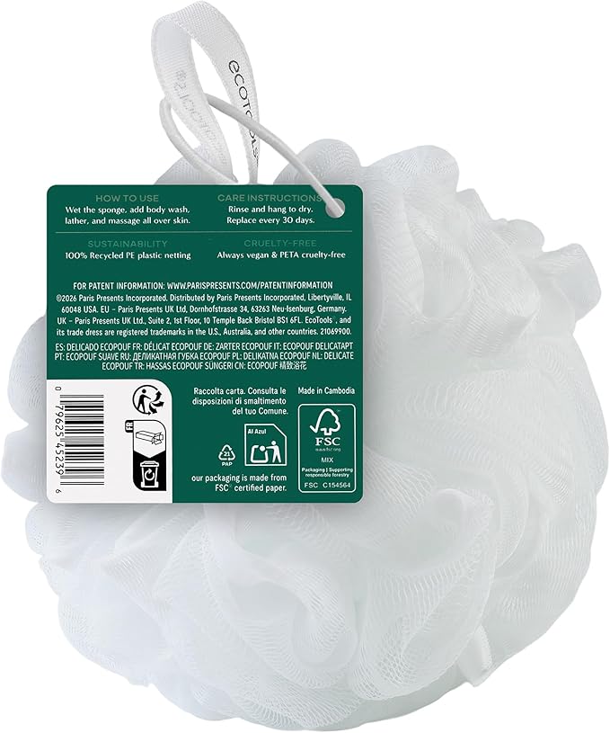 EcoTools Delicate EcoPouf Body Loofah, Gentle Exfoliating Shower Sponge for Sensitive Skin, 100% Recycled Netting Bath Pouf, 1 Count (Pack of 2)