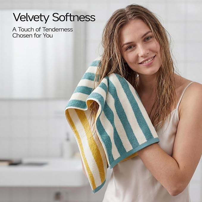 REDKISS 2-Pack Luxury Hand Towels for Bathroom - 12 x 28 Inches 100% Cotton Towels, Ultra Soft and Highly Absorbent Striped Hand Towel for Bath, Gym, Hotel, Kitchen and Spa, Gray-Green