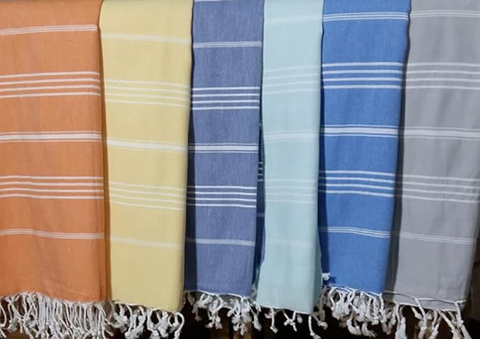 XL Turkish%100 Cotton Bath Beach Spa Sauna Hammam Yoga Gym Hamam Towel Fouta Peshtemal Pestemal Blanket - Set of 6 with Gift Bath Mitt (6, Multi)
