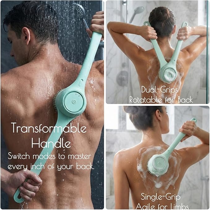 Electric Dry Brushing Body Brush for Lymphatic Drainage: Natural Bristle 5-in-1 Dry Brush with Handle for Cellulite, Exfoliating, Waterproof Back Shower Scrubber for Men/Women