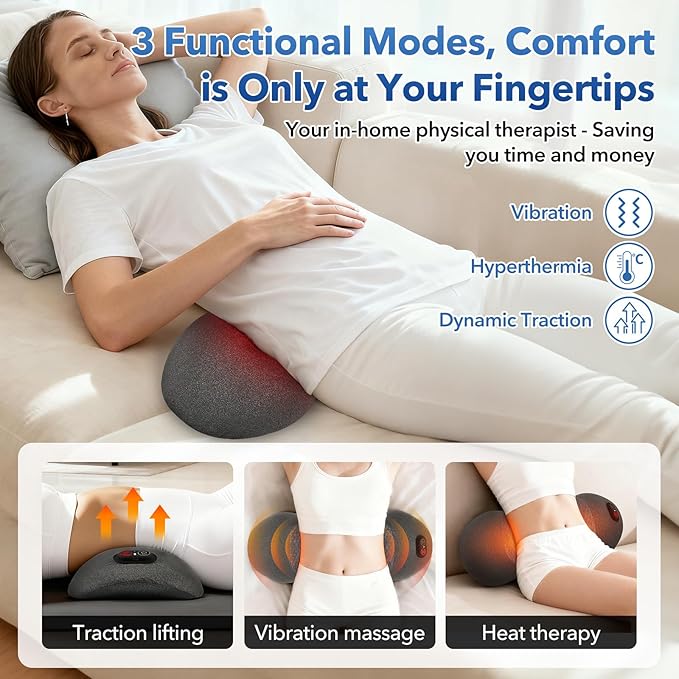 3 in 1 Rechargeable Back Massager with Heat, Height Adjustable for Bed and Chair, Electric Lumbar Support Pillow, Relieves Deep Tissue Pain, Lumbar Wedge Cushion