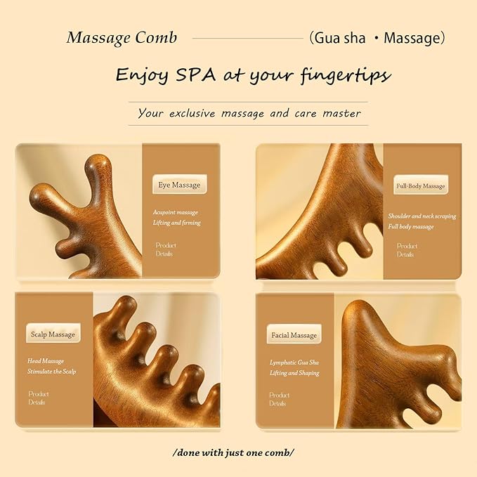 4-in-1 Natural Sandalwood Gua Sha Massage Tool - Head, Face, Eye Nose Massage & Jawline Sculpting - Full Body Lymphatic Drainage & Scalp Care - Self Care Essential for Home Office Travel