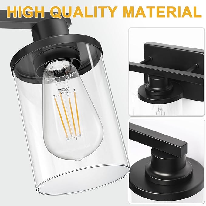L LOHAS LED 3-Light Bathroom Vanity Light, 17 Inch Matte Black Bathroom Lighting with Clear Glass Shade, Modern Vanity Light Fixtures Over Mirror for Living Room, Hallway