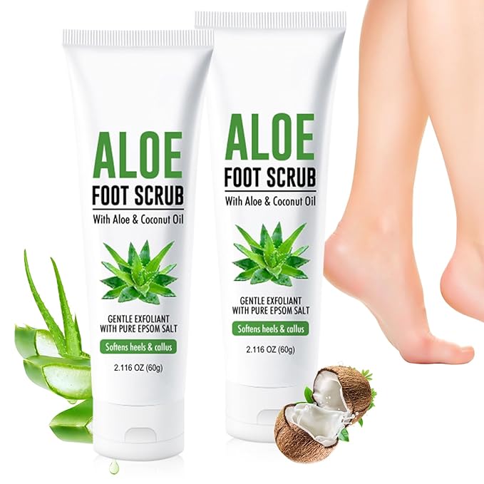 Aloe Vera & Coconut Oil Foot Scrub - Foot Exfoliating Scrub with Vitamin E Pure Salt Moisturize for Dry, Rough, Cracked Feet Heels and Calluses - Feet Exfoliator for Women and Men (2 Pack, 2.1oz)