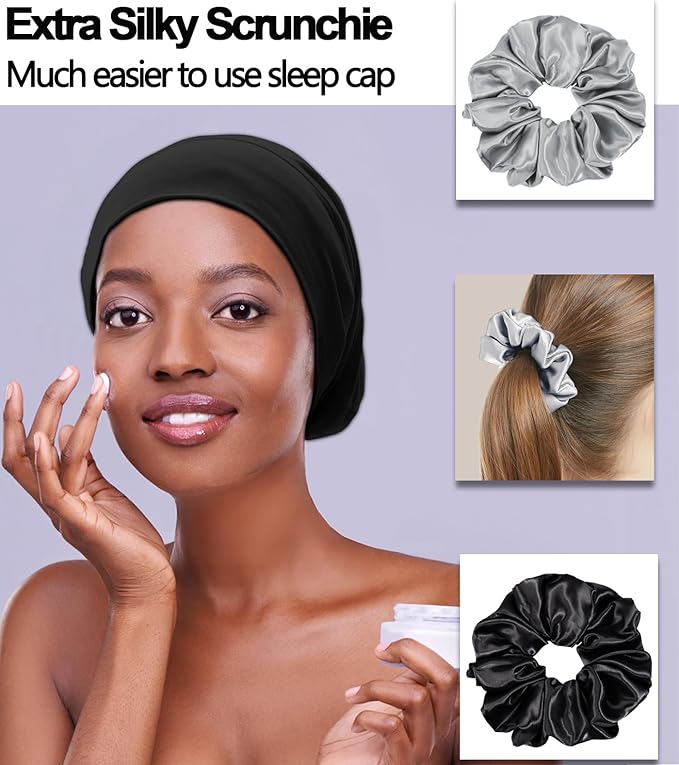 Sleep Cap Bonnet for Sleeping Black Women, Adjustable Cooling Ice Silk Lined Bonnet for Curly Braids Hair Cover Beanie Hat