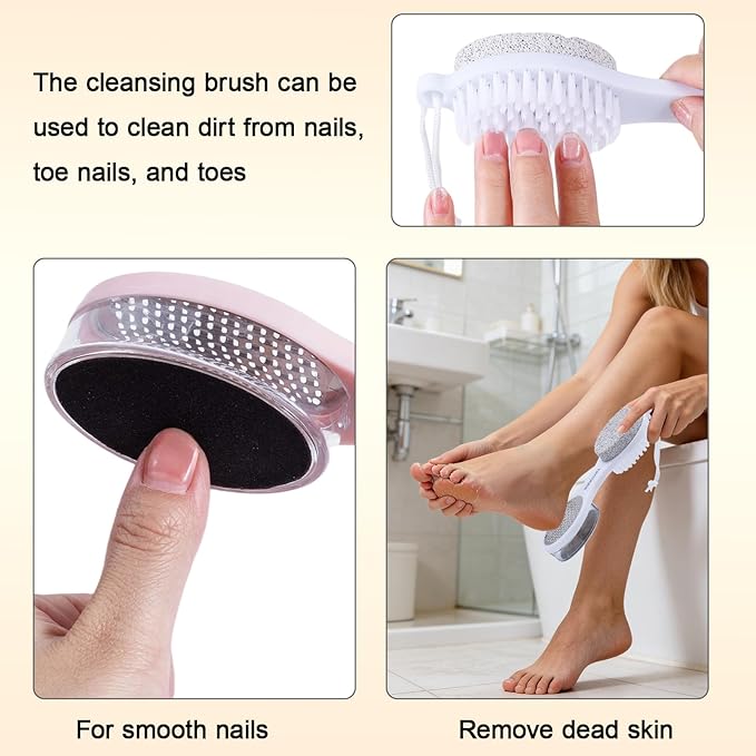 Foot Scrubber Brush with Pumice Stone for Feet 5-in-1, 3Pcs Foot File Callus Remover Pedicure Tool, Stainless Steel Feet Scraper, Cleaning Brush & Sand Paper Debris Catcher, Soft Smooth Feet