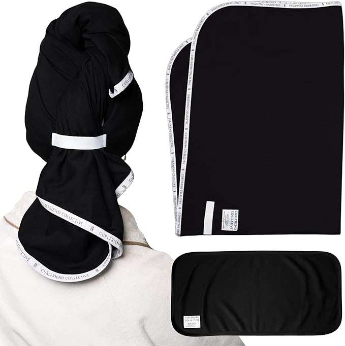 Curlfriend Collective Cotton Cloud T-Shirt Hair Towel Duo – Black to Basics Hair Towel Wrap for Women, XL + Mini Hair Drying Towels for Curly Hair, No-Slip Plopping Towel, Ultra Absorbent Cotton