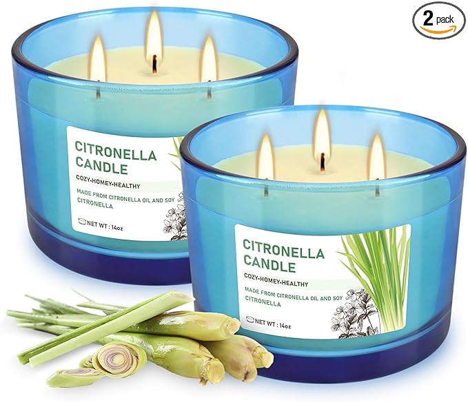 2x14oz Large 3-Wick Outdoor Indoor Citronella Candles, Long Lasting to 30 Hours, Scented Natural Soy Candle for Garden Camping Party Yard Balcony