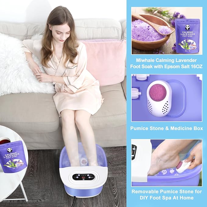 Foot Spa Bath Massager with Heat Bubbles and Vibration Massage and Jets, 16 OZ Calming Lavender Foot Soak Epsom Salt, Miwhale Foot Soaker With Red Light, 22 Massage Rollers, Adjustable Temp -Purple