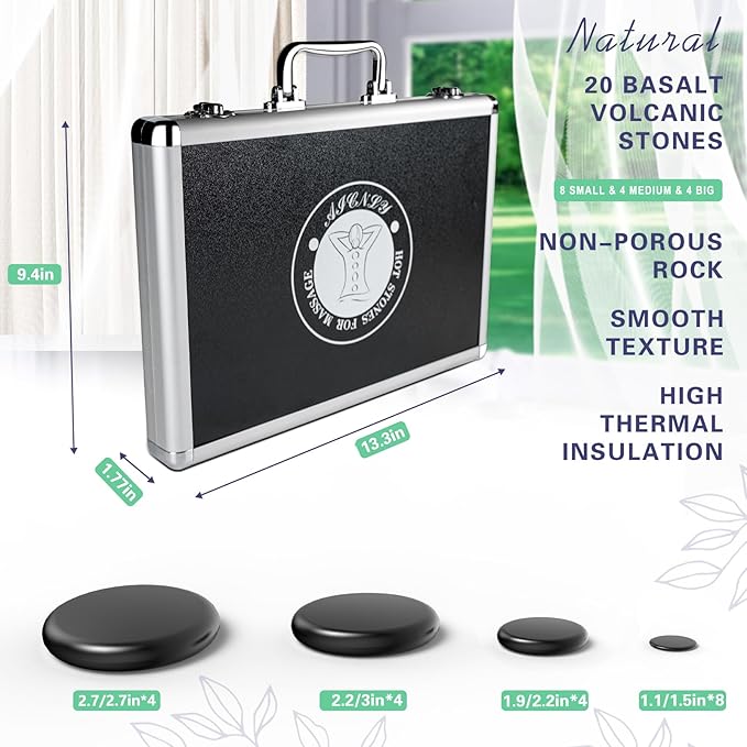 AICNLY Hot Stones Massage Set with Temperature Adjustment-20 Pcs Basalt Hot Stones with Heater Kit, Professional Massage Tool for Spa-Lymphatic Drainage, Relieve Tension and Muscle Pain