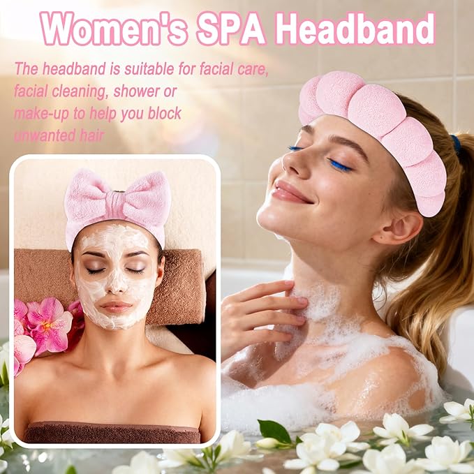 Zkptops 6Pcs Spa Headband for Washing Face Wristbands Set Women Bubble Makeup Sponge Terry Cloth Padded Puffy Skincare Headband Bow Tie Hairband Cute Non Slip Thick Hair Accessory Gifts(Pink)