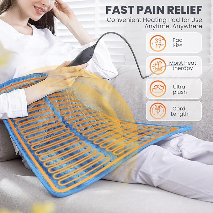 Heating Pad - Electric Heating Pad for Back Pain and Cramps Relief, Moist Heat Pad for Shoulder, Knee, Neck, 6 Heat Settings & Auto Shut Off and Machine Washable, 33" x 17"