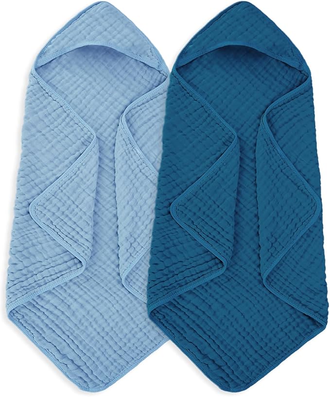 MIGIOL Muslin Baby Towels 100% Cotton ，Super Soft Muslin Baby Bath Towel - 32 x 32 Inches, Suitable for Newborn and Young Children up to 3 Years Old. (Light Blue & Dark Blue)
