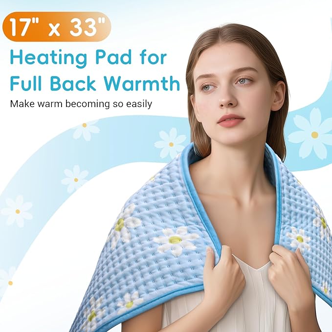 Comfytemp Extra Large Heating Pad for Back & Period, 33''x 17'' King Size Heat Pad Soft and Stylish, Electric XL Shoulder/Neck/Knee Heated Pad, Washable (Blue & Daisy Print)
