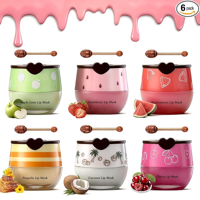 6PCS Bee Lip Balm Honey Pot，Honey&Strawberry&Watermelon&Cherry&Apple&Coconut Lip Mask Overnight Propolis Moisturizing Lip Balm Hydrating Prevention Dry and Crack Lip Scrubs Exfoliator Lip Wrinkle Care