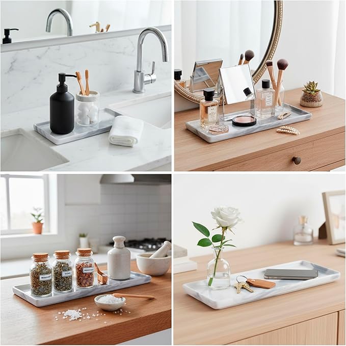 Bathroom Counter Organizer, 9.3"x3.7" Ceramic Bathroom Tray, Rectangle Decorative Tray Vanity Tray, Candles Perfume & Jewelry Storage for Spa, Bedroom, Kitchen (Marble Gray)