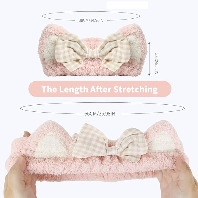 PERFECTSIGHT Kawaii Headband for Spa, Makeup, Washing Face, Party - 2 Pack Cute Cat Ear Hair Band for Shower Beauty Skincare, Soft Facial Headbands for Girls and Women (White+Pink Bow)