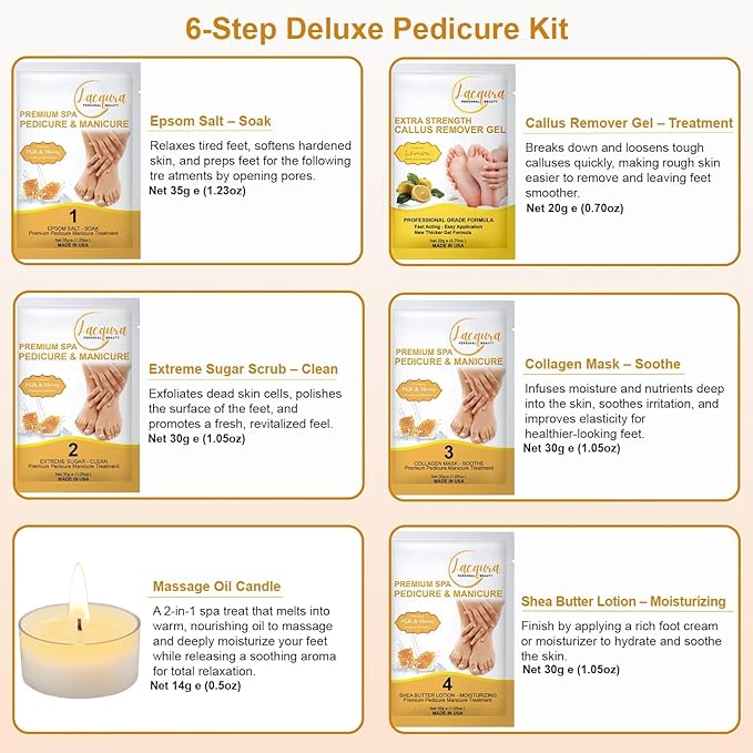 Deluxe 6 Step Pedicure Kit with Massage Oil Candle, Epsom Salt, Callus Remover Gel, Collagen Mask & Shea Butter Lotion + Disposable Pedicure Kit, Liner & Slippers (03 Sets, Milk & Honey)