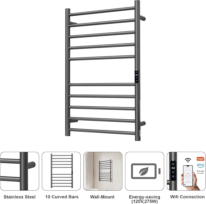 Electric Towel Rack with Voice Control for Alexa & Google Home,TUYA-Wall-Mounted Bathroom Heating Towel Warmer,Stainless Steel Material,31.5x20.08x4.41in,Plug-in,Gunmetal Grey,10 Bars