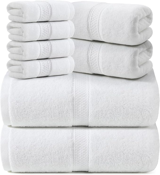 REDKISS Towels 8 Piece Luxury Bath Towel Set, 2 Bath Sheets (35x70 in), 2 Hand Towels, 4 Washcloths, 100% Cotton Super Absorbent & Quick-Dry Shower Towels for Bathroom Spa Gym Hotel Yoga - White