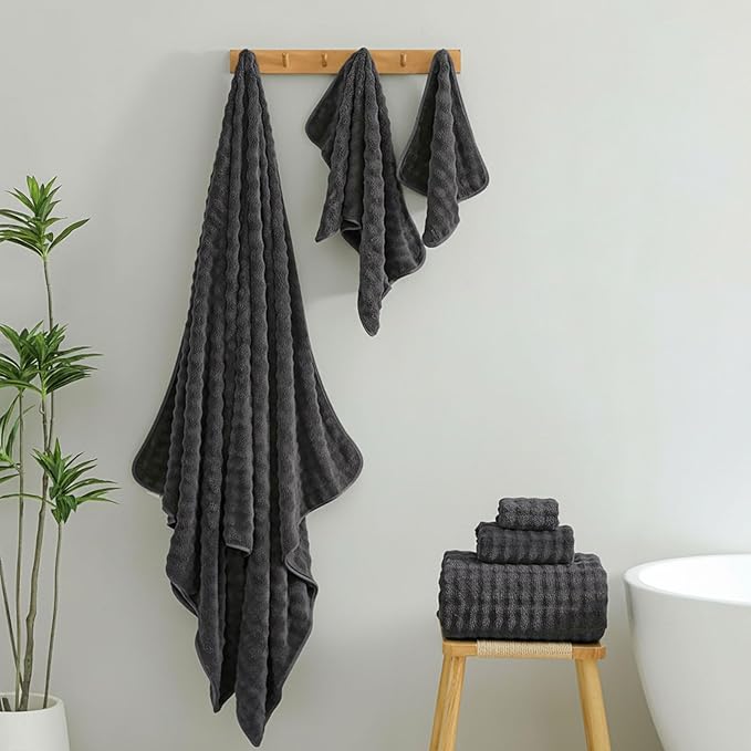 KBY Bath Towels Set 6 Piece 40x80 Inches，2 Extra Large Bath Sheets 2 Hand Towels 2 Washcloths，Highly Absorbent Quick Dry Microfiber,Ultra Soft Towel Set for Bathroom，Spa，Gym， Hotel (Charcoal Gray