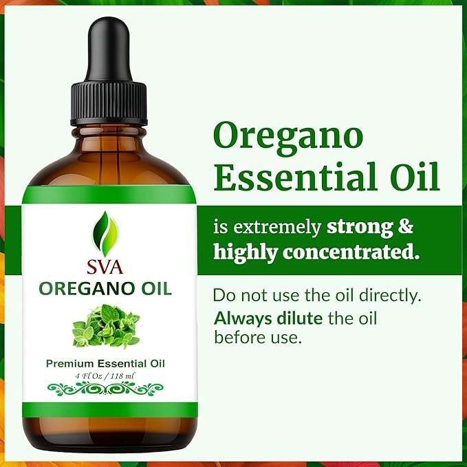SVA Oregano Essential Oil – 4 Fl Oz – 100% Natural Oregano Oil - for Diffuser, Hair Care, Face, Skin Care, Aromatherapy, Scalp and Body Massage, Soap and Candle Making – with Dropper