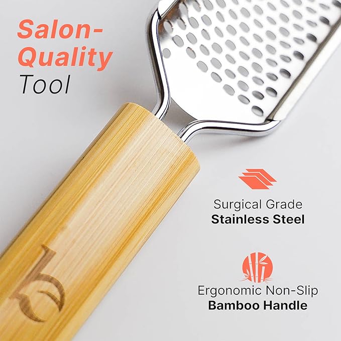 Foot File - Callus Remover Tool for Dead Skin Removal, At Home Pedicure Tools, Foot Rasp Callus Remover Feet and Heels, Smooth Soft Feet Using a Grater & Scraper (Bamboo & Stainless Steel) (1 Pack)