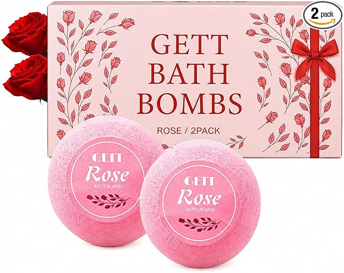 GETT Rose Bath Bombs 2 Pack (60g Each), Individually Wrapped Bath Bomb Gift Set for Women, Bubble Bath Aromatherapy, Spa Gifts, Self Care Gifts, Relaxing Moisturizing