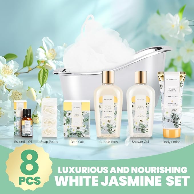 Spa luxetique 8pcs Jasmine Gift Set for Women, Spa Gift Baskets Bath and Body Gifts with Shower Gel, Bubble Bath, Mother's Day Gifts for Mom Birthday Anniversary