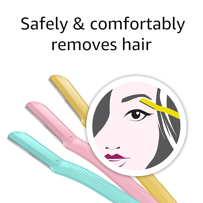 Amazon Basics Dermaplane Razor, Peach Fuzz Remover, Face Shaver for Women, Eyebrow Trimmer and Shaper, Facial Hair Removal, Exfoliating Tool with Blade Cover, Multicolor, 9 Count
