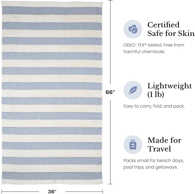 Lightweight Turkish Beach Towel - 100% BCI Cotton, Unbleached Raw Fringe, Oeko-TEX Certified, Absorbent, Eco-Friendly, 36x66”, Sky Blue & Natural Stripes, Portable Sarong Blanket for Pool, Travel