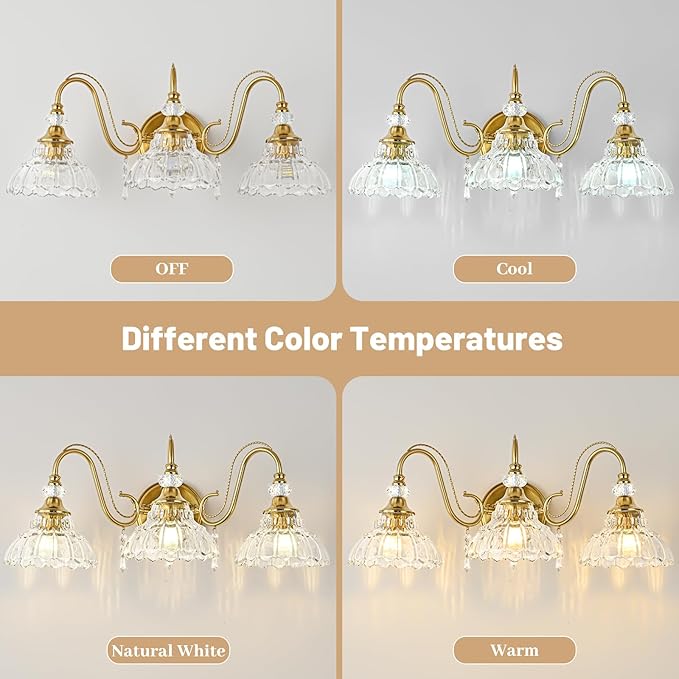 Vintage Bathroom Vanity Light, 3-Light Brushed Gold Finish Wall Sconce with Hanging Crystal Accents and Flower-Shaped Clear Glass Shades, Retro Wall Mount Vanity Light Over Mirror for Bathroom