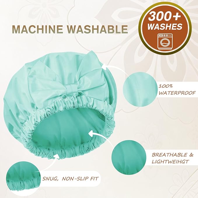 Shower Cap for Women, Cute Bow Waterproof Reusable Bath Cap, Non-Slip Anti Humidity, Roomy Anti-Frizz for Short Medium Wavy Hair, Soft Elastic & Machine Washable, Aqua