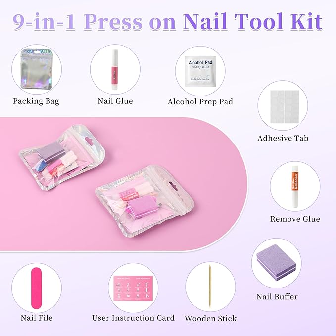 TADOPRO 20PCS Press On Nail Tool Kit, Disposable Nail Prep Kit for Salon Home Nail Business Supplies with Nail File, Nail Glue & Remover, Buffer, Instruction Card, Prep Pads, Tabs(20pcs Set)